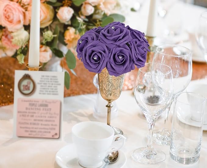 INSUNSX Purple Roses Artificial Flowers with Crystal 50PCS Purple Artificial Roses with Stems Realistic Flowers for Bridal Shower Centerpieces Wedding Bouquet Table Decorations