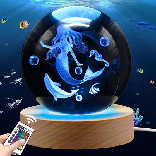 3.15in 3D Mermaid Nightlight, Mermaid Lamps for Girls Bedroom, Night Light, 16 Colors & Remote Controls Crystal Ball Lamp, Birthday Christmas Mermaids Gifts for Girls Kids