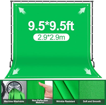 7x10ft Green Screen Backdrop Kit with Stand, 9.5x9.5ft Large Greenscreen Background Movable Backdrop Stand with Wheels for Streaming, Photography, Video Recording