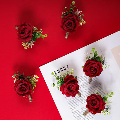 Ivory Rose Boutonniere for Men Wedding Set of 6 Groom Groomsmen Best Man Artificial Flowers Boutonniere for Wedding Ceremony Anniversary Prom Flowers Formal Dinner Party (6, Red, Middle)