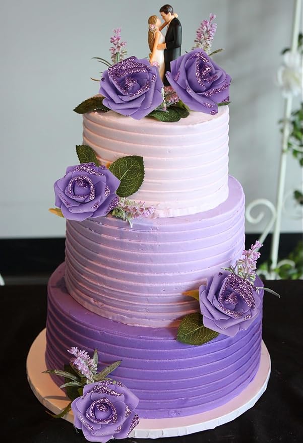 100pcs Purple Glitter Roses 2.56" Foam Glitter Flowers Fake Roses Purple Flowers Artificial Roses for Bridal Shower Centerpieces DIY Wedding Flower Floral Arrangements (Purple)