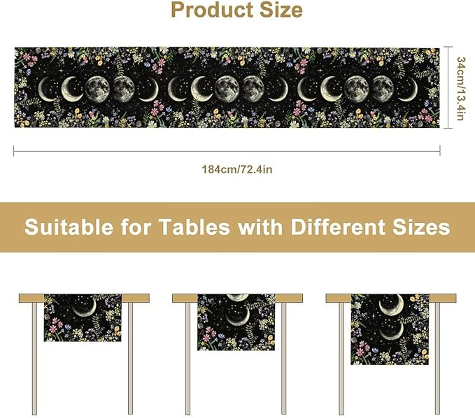 Wild Floral Table Runner, Boho Spring Gothic Moon Phase Wildflower Mystical Witchy Farmhouse Coffee Table Center Decor for Home Kitchen Dining Patio Holiday Party Table Decorations 13x72 inches