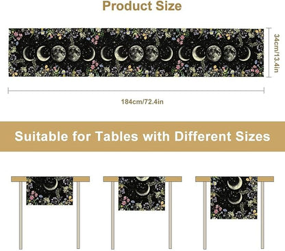 Wild Floral Table Runner, Boho Spring Gothic Moon Phase Wildflower Mystical Witchy Farmhouse Coffee Table Center Decor for Home Kitchen Dining Patio Holiday Party Table Decorations 13x72 inches