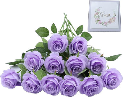 Artificial Rose Flower Artificial Flowers Flower with Long Stem Silk Roses Bouquet for Wedding Bridal Shower Party Home Decoration (Lavender, 12 Pcs)