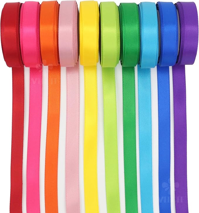 MEEDEE Rainbow Ribbon Solid Color Assortment 10 Colors Double Face Satin Ribbon for Gift Wrapping Happy Birthday Party Decorations, 3/8" X 5 Yard Each Total 50 Yds Per Package