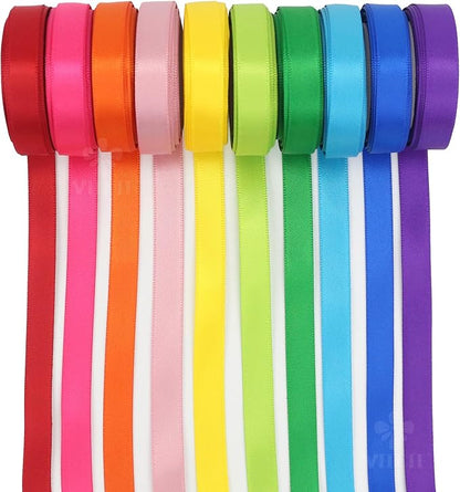 MEEDEE Rainbow Ribbon Solid Color Assortment 10 Colors Double Face Satin Ribbon for Gift Wrapping Happy Birthday Party Decorations, 3/8" X 5 Yard Each Total 50 Yds Per Package