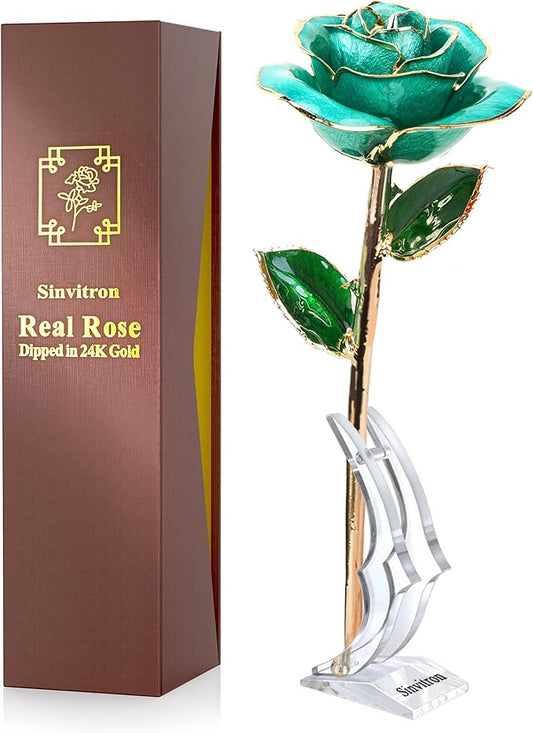 Sinvitron Gold Dipped Rose 24K Real Rose, Long Stem 24k Gold Plated Rose with Stand, Birthday Gift for Women,Gifts for Mom, Dipped Gold Rose for Anniversary, Mothers and Valentines Day (Light Blue)