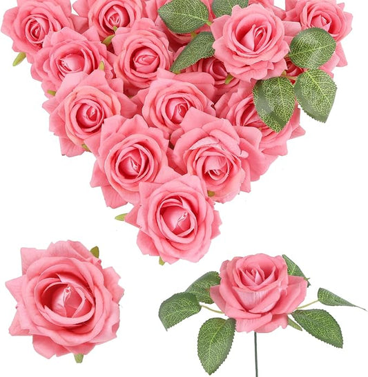 Pink Roses Artificial Flowers 16pcs Velvet Artificial Roses with Stems 3.15" Pink Fake Roses for Bridal Bouquet Wedding Flowers for Floral Centerpieces Home Party Decor (Pink)