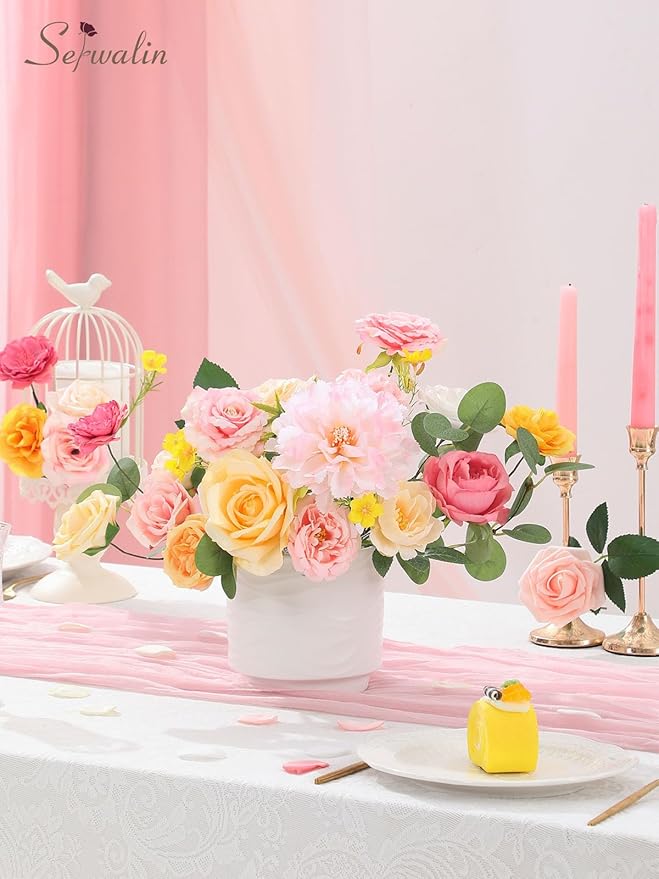 Serwalin Pink Artificial Flowers, Yellow Silk Fake Flowers for DIY Wedding Bridal Bouquets, Wedding Cake Flowers for Table Centerpieces Baby Shower Birthday Party Home Decorations