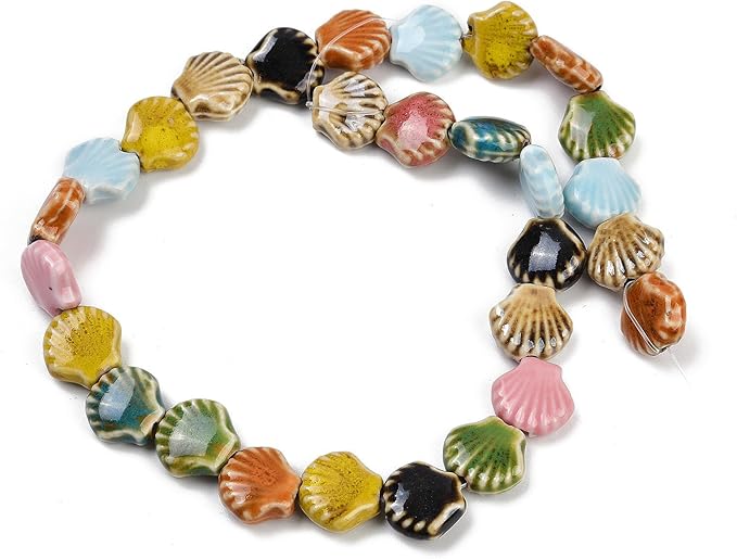 Beadthoven 25pcs Shell Handmade Porcelain Beads Small Seashell Ceramic Beads Colorful Printed Ocean Sea Shells Charm Craft Spacers for Bracelets Necklace Keychain DIY Jewelry Making 13mm Mixed Colors