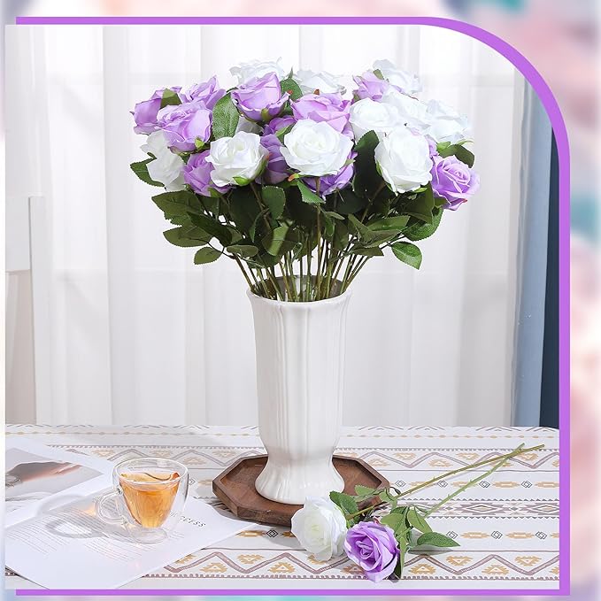 36 Pcs Silk Purple White Rose Bouquet Bridal Artificial Flowers,Fake Rose Long Stem Realistic Flowers Bulk for Wedding Bouquet Ball Arrangement Centerpiece Party Decor