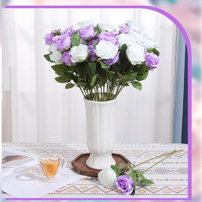 36 Pcs Silk Purple White Rose Bouquet Bridal Artificial Flowers,Fake Rose Long Stem Realistic Flowers Bulk for Wedding Bouquet Ball Arrangement Centerpiece Party Decor