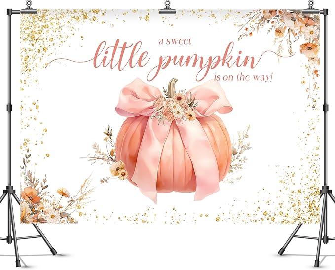 Sweet Little Pumpkin Baby Shower Backdrop for Girls Floral Pink Bowknot Golden Glitter Fall Photography Background Newborn Baby Shower Party Decoration Supplies Banner Photo Booth Props 7x5ft