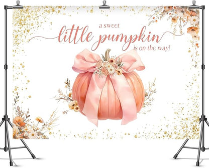 Sweet Little Pumpkin Baby Shower Backdrop for Girls Floral Pink Bowknot Golden Glitter Fall Photography Background Newborn Baby Shower Party Decoration Supplies Banner Photo Booth Props 7x5ft
