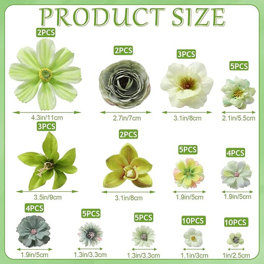 Fake Flower Heads Bulk - Green Silk Daisy & Rose Artificial Flower for Crafts, DIY, Graduation Cap, Wedding, Party, Cake Topper, Home Garland Decor