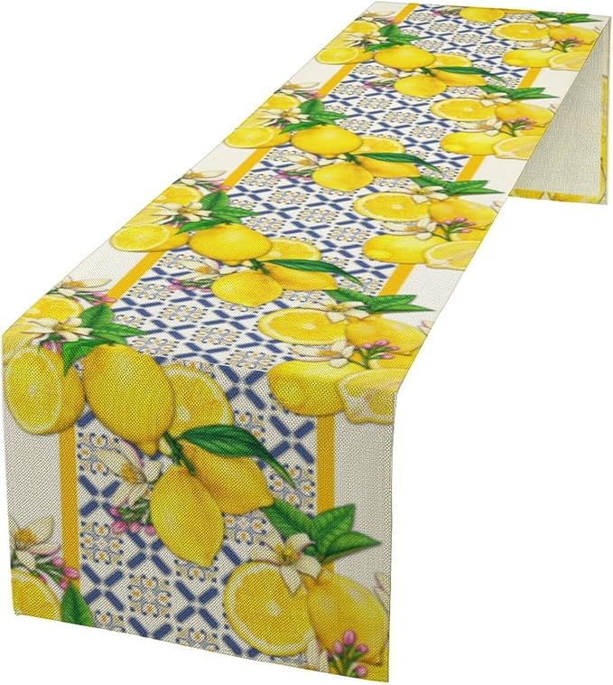 Lemon Table Runner ,Summer Blue Tiles Lemons Kitchen Dining Table Decoration Lemons Table Cover for Indoor Outdoor Home Party Decor, 13 x36 in