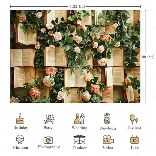 7x5FT Vintage Bookshelf Backdrop for Photography Pink Rose Flowers Green Leaves Book Page Background Wedding Bridal Shower Kids Birthday Party Banner Supplies KUBDJ977