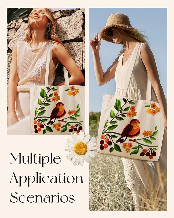 Aesthetic Embroidery Tote Bag for Women - Reusable Canvas Cute Shoulder Bag for Shopping, Grocery, Work, Book