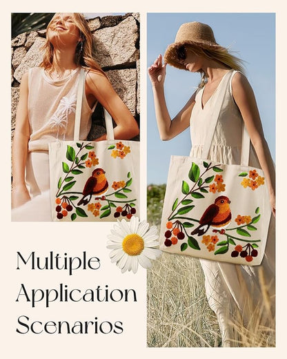 Aesthetic Embroidery Tote Bag for Women - Reusable Canvas Cute Shoulder Bag for Shopping, Grocery, Work, Book
