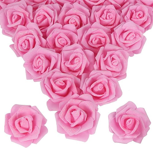 Pink Glitter Roses 100pcs Foam Roses Stemless 2.56" Pink Artificial Roses Glitter Flowers Real Looking Pink Fake Roses for Bridal Shower Decor Flower Wall Wedding Centerpieces (Pink)