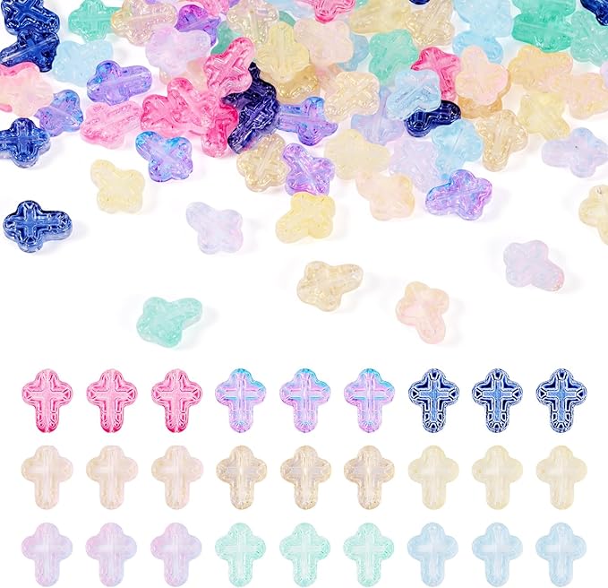 90Pcs Glass Cross Beads Crystal Crucifix Beads Colorful Jesus Cross Easter Charm Bead Loose Spacer Crosses Bead for DIY Craft Bracelets Earrings Necklaces Lanyard Jewelry Making