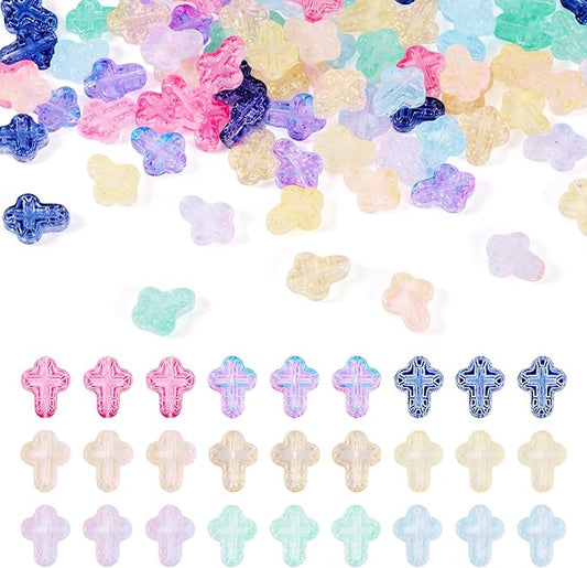 90Pcs Glass Cross Beads Crystal Crucifix Beads Colorful Jesus Cross Easter Charm Bead Loose Spacer Crosses Bead for DIY Craft Bracelets Earrings Necklaces Lanyard Jewelry Making