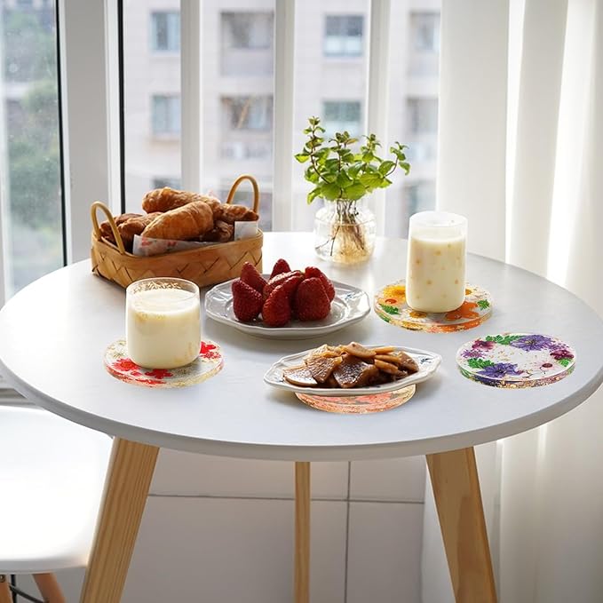 Flower Coasters, Tumwisk 4Pcs Dried Flower Drink Coasters,Women Coffee Table Dining Table Desk Aesthetic Coaster Set Natural Floral Coaster Home Decoration Housewarming Present (Multicolor)