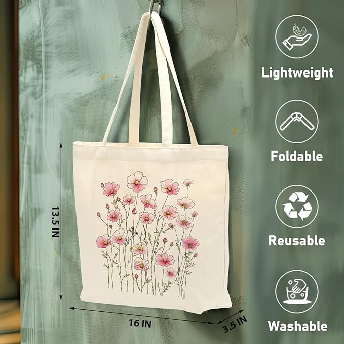 Aesthetic Floral Canvas Tote Bag for Women with Pocket, Tote Bags for Grocery Shopping Work Gym Christmas Birthday