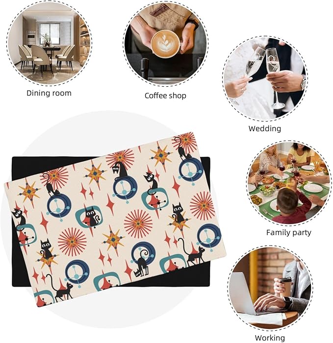 Mid Century Black Cat Modern Placemats Set of 4,Kitchen Table Mats for Dining Outdoor Home Decor 12x18 Retro Place Mats 4 PCS, Style-17