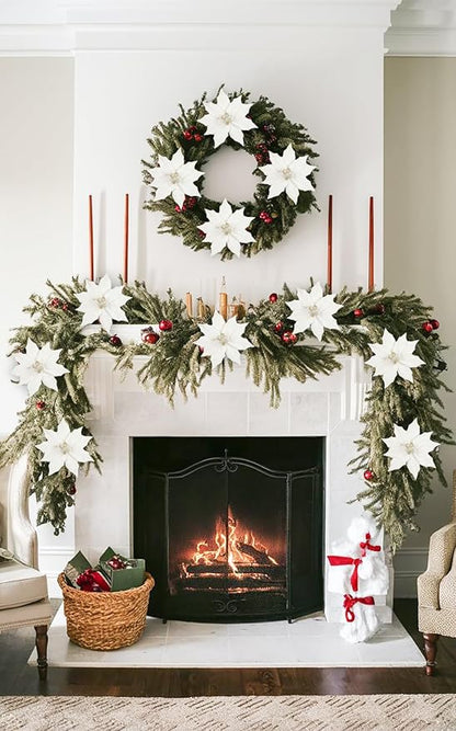 Hollyone 3PCS Poinsettia Christmas Flowers Artificial 11" Large White Glitter Poinsettia Flowers Christmas Tree Ornaments Floral Picks for Tree Wreath Garland Vase Table Centerpiece Home Deco