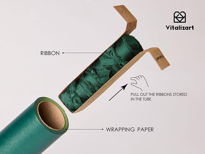 Vitalizart Green Wrapping Paper Set 17" Pearly-Lustre With Silk Like Satin Ribbon & Gift Tags Recyclable Christmas Gift Wrapping Birthday Baby Shower Wedding Handmade Crafts 197"(16.4 Ft)