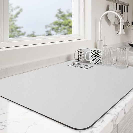 Dish Drying Mat for Kitchen Counter | Coffee Bar Mat for Countertops | Heat Resistant Drainer Mat with Non-slip Rubber Backed | Hide Stain Kitchen Absorbent Draining Mat | Light Grey 16"x20"