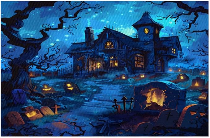 Halloween Castle Scary Blue Placemats Set of 4 PVC Vinyl Non Slip Table Mats Heat Resistant Place Mats Washable Wipeable Dining Table Mat for Kitchen Decor Party Indoor Outdoor Decorative Gift