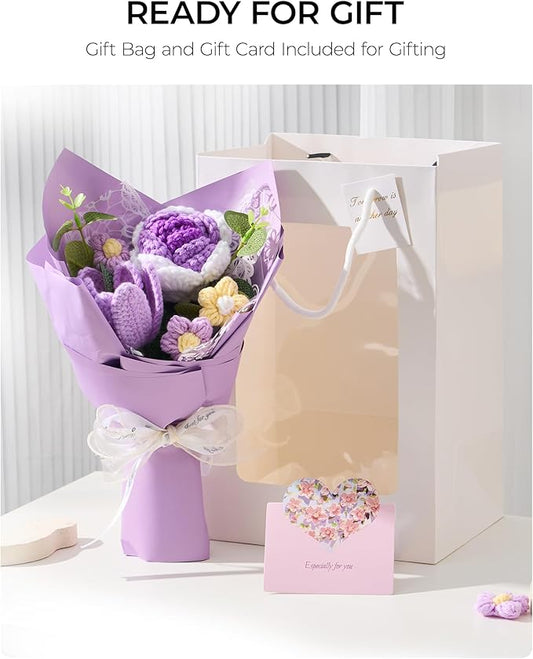 Crochet Flowers Bouquet Gift for Wife Girlfriend Fiancee Mother Women, Handmade Artificial Knit Purple Rose Tulip Flower for Wedding Anniversary Birthday Valentine's Day Present, Home Decor