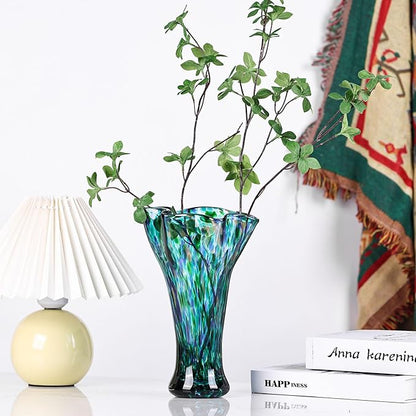 9.8" Tall Teal Blue Hand Blown Glass Vases for Home Decor,Modern Wide Mouth Ruffle Flower Vase Table Centerpieces,Colored Coastal Sea Glass Art for Bookshelf,Bathroom,Counterto,Wedding