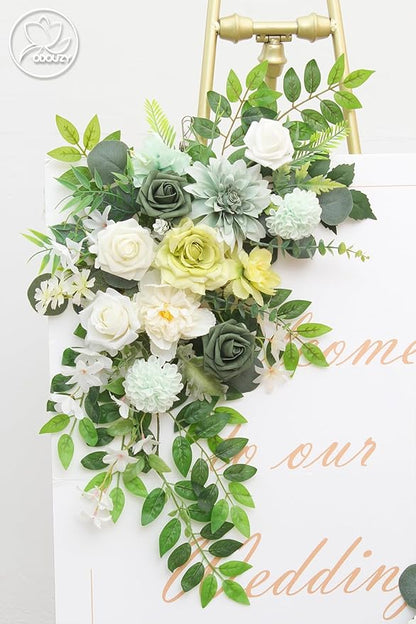 Pack of 2 Wedding Arch Decorations Artificial Hanging Flowers Floral Swag for Wedding Welcome Sign Backdrop Balloon Arch Home Party Bridal Ceremony Reusable(White Green)