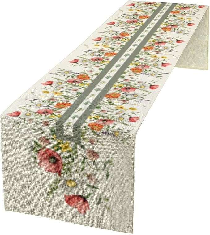 Watercolor Floral Table Runner, Red Wildflowers Botanical Nature Farmhouse Design Table Runner for Kitchen Dining Home Party, 13x60 Inch