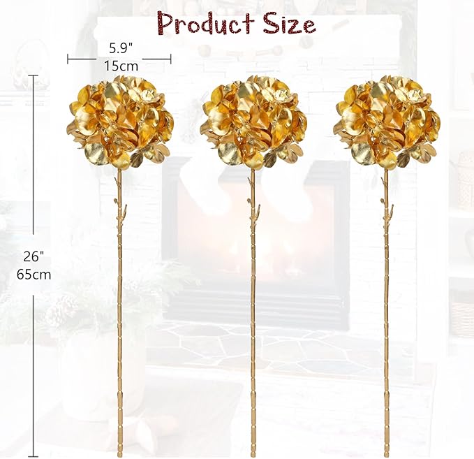 Hollyone 3Pcs Artificial Hydrangea Flowers Gold Christmas Ornaments Flowers 26inch Fake Hydrangea Flower Floral Arrangements Bouquets Xmas Faux Hydrangeas Stems Wedding Party Christmas Home Decor