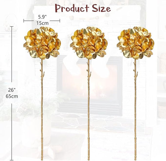 Hollyone 3Pcs Artificial Hydrangea Flowers Gold Christmas Ornaments Flowers 26inch Fake Hydrangea Flower Floral Arrangements Bouquets Xmas Faux Hydrangeas Stems Wedding Party Christmas Home Decor