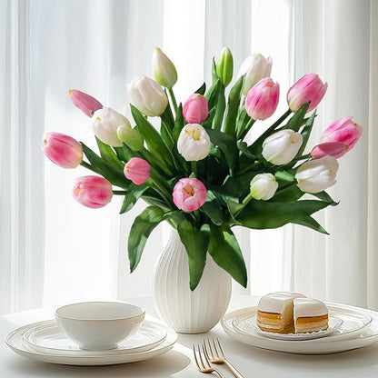 20PCS Fake Tulips Artificial Tulip Silk Flowers Fake PU Bouquet Artificial Flowers Faux Flowers with Gift Box Soft Faux Tulips Bouquets Arrangements for Party Wedding Home