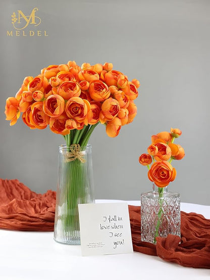 Meldel 32pcs Ranunculus Artificial Flower, Faux Silk Mini Orange Ranunculus Flowers for DIY Bouquet, Bulk Fake Peony Wedding Filler Flowers for Centerpieces Arrangements Bridal Shower Decorations