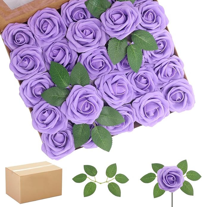 200PCS Purple Artificial Flowers Roses Real Looking Foam Fake Roses with Leaves for DIY Wedding Bouquets Bridal Shower Party Decorations (Purple, 200)