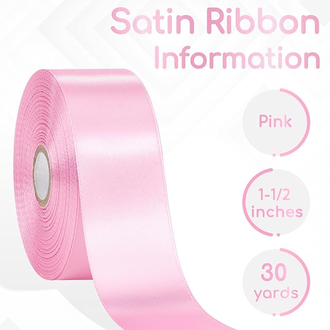 Pink Satin Ribbon 1-1/2 Inch 30 Yards, Pink Ribbon for Flower Bouquet, Gift Wrapping, Crafts, Baby Shower, Christmas, Wedding and Eternal Flower