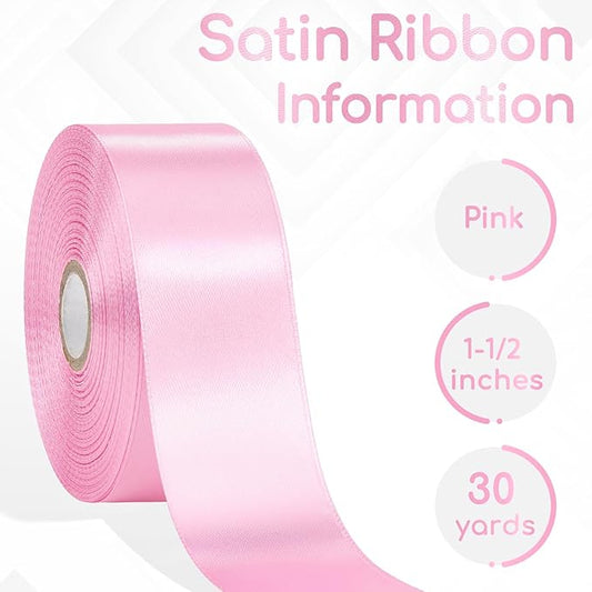 Pink Satin Ribbon 1-1/2 Inch 30 Yards, Pink Ribbon for Flower Bouquet, Gift Wrapping, Crafts, Baby Shower, Christmas, Wedding and Eternal Flower