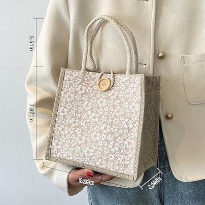 Women Tote Bag,2Pcs Jute Casual Tote's Handbag Embroidered Personalized Bento Bag,Reusable Grocery Bags Shopping Bags