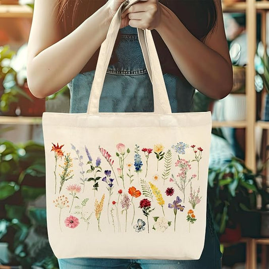 Aesthetic Floral Canvas Tote Bag for Women with Pocket, Tote Bags for Grocery Shopping Work Gym Christmas Birthday