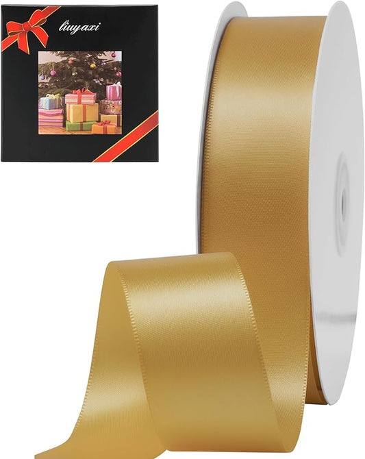 LIUYAXI Old Gold Double Faced Satin Ribbon, 1-1/2" X Continuous 25 Yards, Ribbons Perfect for Gift Wrapping Wedding Bouquet Decor DIY Craft Bow Making & Other Projects