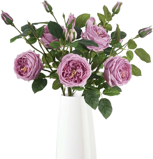 Real Touch Purple Austin Roses Peonies Artificial Flowers 4 Bouquets Latex Fake Peonies with Long Stem Realistic Faux Peonies for Wedding Party Home Table Centerpieces Decor (Deep Purple)