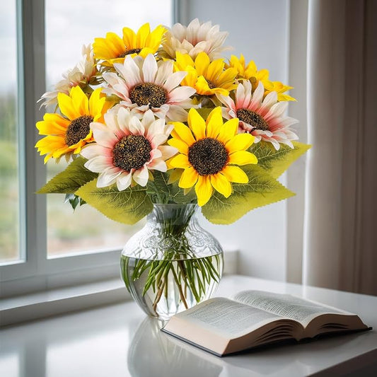 10 Pack Sunflowers Artificial Flowers - Realistic Fake Sunflowers for Home Decor, UV Resistant Silk Flowers for Wedding Centerpieces Farmhouse Office Outdoor Decoration (5 Yellow & 5 White)