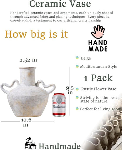 UPWOIGH Ceramic Flower Vase, 9.3 inch Tall Off-White Farmhouse Rustic Vase, Handcrafted Weathered Handles Pottery Vases, Large Flower Terracotta Vases for Home Decor, Living Room, Table, Shelf
